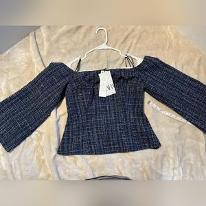 Zara Bouclé Knit Off-the-Shoulder Peplum Top - Chic Structured Style - NWT Sz M